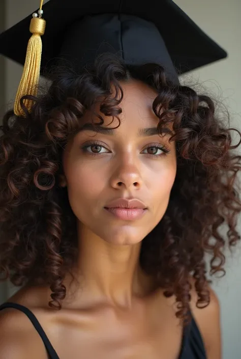 a close up of a woman with a graduation hat on her head, an album cover inspired by Izzy Medrano, instagram, renaissance, medium shot portrait, photo of young woman, curly middle part haircut, curly haired, her face framed with curls, 30-year-old woman fro...