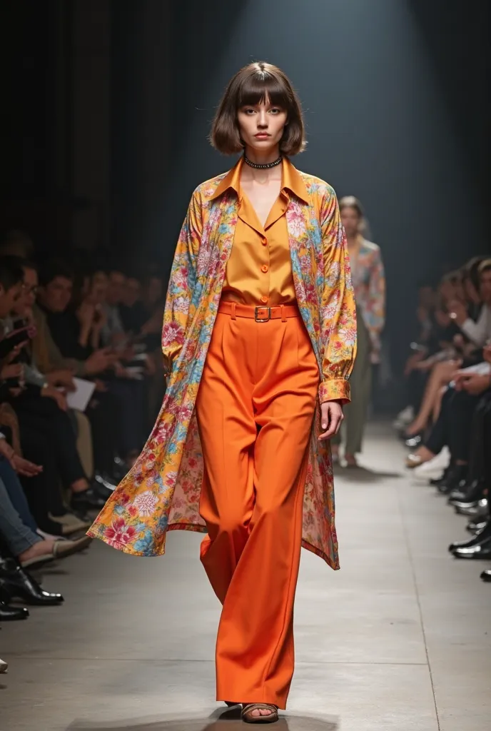 Realistic photo of woman with a shirt bob haircut, this woman has minimalistic makeup on her face, and she walks down the Paris fashion week runway. This woman wears colorful clothes in style of Balenciaga high fashion. The clothes should have high quality...