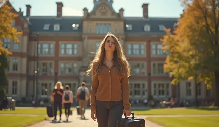 "Olivia Bennett, a young woman in her late 20s with long wavy hair and a kind expression, stands in front of a large university hostel building on a sunny day. She carries a suitcase and looks around curiously, her face lit by the sunlight. The hostel has ...