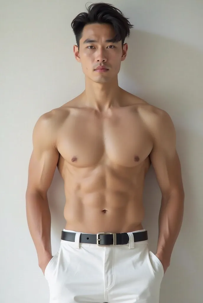 Handsome Korean guy in white pants with a black belt but without a shirt 