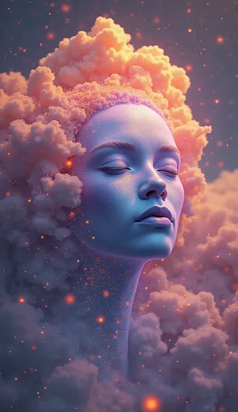 The face of an alien being composed of glowing particles dissolves in the air, merging with a sky made of psychedelic clouds in shades of orange, purple and neon blue. Its serene expression conveys a sense of transcendence and cosmic fusion.