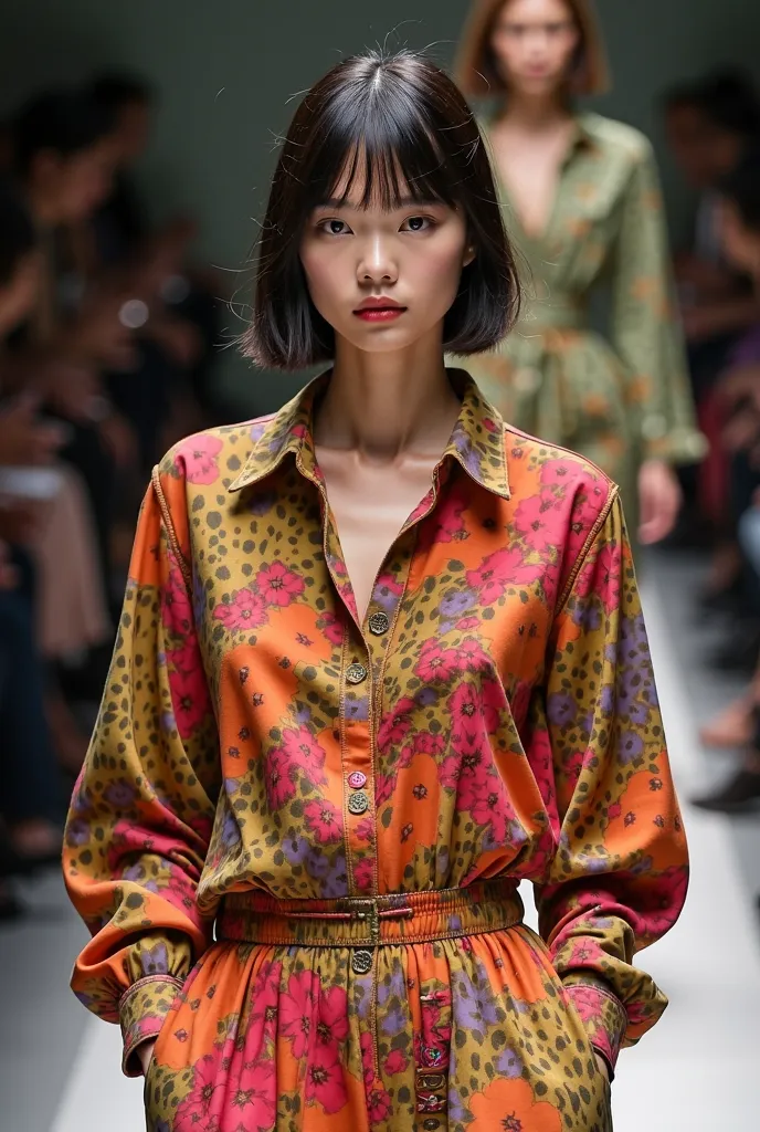 Realistic photo of woman with a shirt bob haircut, this woman has minimalistic makeup on her face, and she walks down the Paris fashion week runway. This woman wears colorful clothes in style of PRADA 2021 design. The clothes should have high quality textu...