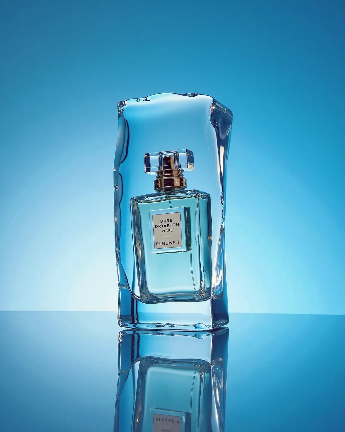 A luxury perfume bottle encased in a block of clear ice, creating a
sleek and modern visual. The ice reflects light, giving a cool and refreshing aesthetic, while the
background features a gradient of blue tones, enhancing the sense of elegance and sophist...