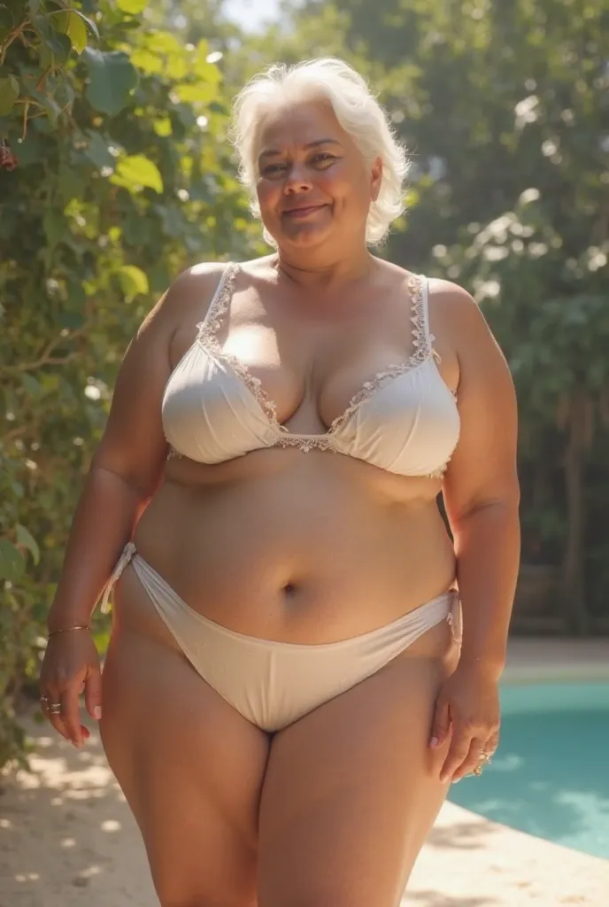 Full bodied white woman, Chubby weighing 87 kilos, 67 years old, short white hair,  in transparent white bikini 