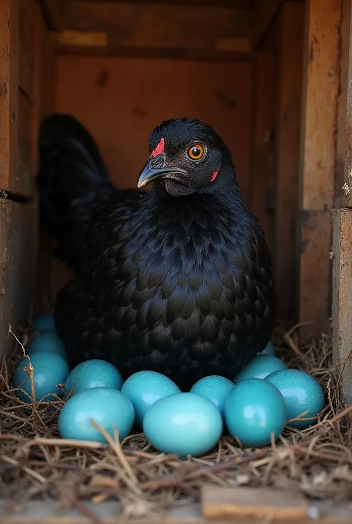 A black hen without a tail is in a nest full of blue eggs . The scene is inside a chicken coop .  The lighting is professional .  Realistic photographic style.  