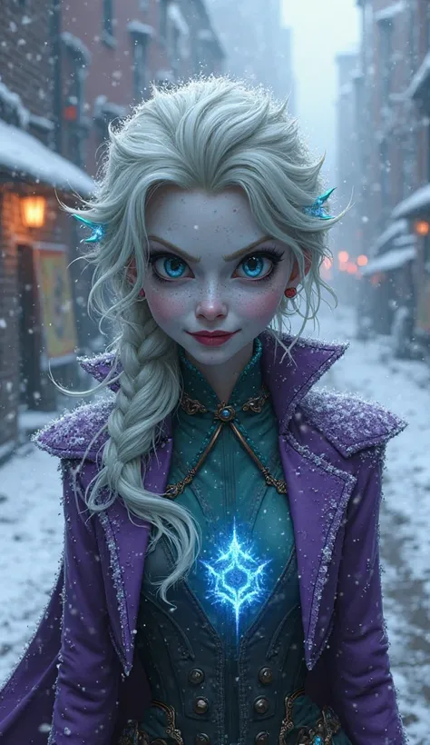 "Create a semi-realistic fusion between Elsa, From Frozen , and the Joker, da DC Comics. The character has the elegance and icy powers of Elsa combined with the madness and chaos of the Joker.  Her skin is extremely pale , almost translucent like cracked i...