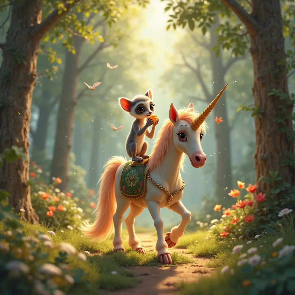 The path of the fairy forest. A skinny tall charming lemur eats honey from a jar and rides a unicorn. Detailed 3D style.