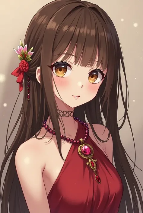 Hanna is a woman with long straight brown hair,with amber brown eyes,Hanna had bold features,Hanna Has a Flower tattoo on her neck,Hanna was beautiful,Hanna had 1, 70 in height,with white skin in a red dress tied with a ruby necklace with a black heel with...