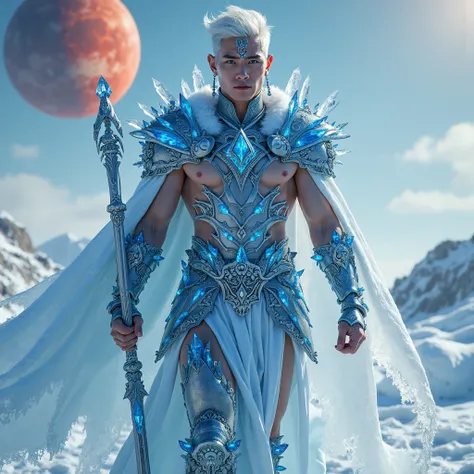 Well front lit image, Full body Hyper photo-realistic image of an Incredibly handsome 20 year old male model type. Masculine handsome Beautiful Celestial God of ice and snow. with v-shaped torso large lanky muscular body builder with narrow waist and well ...