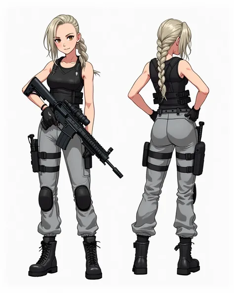 anime sexy.highres, masterpiece, multi-view, Delivery Time, Model sheet, Character Design, white background, simple bottom, full body character Delivery Time of 1girl, multiple views of the same character wearing the same outfit, military, Black Ops soldie...