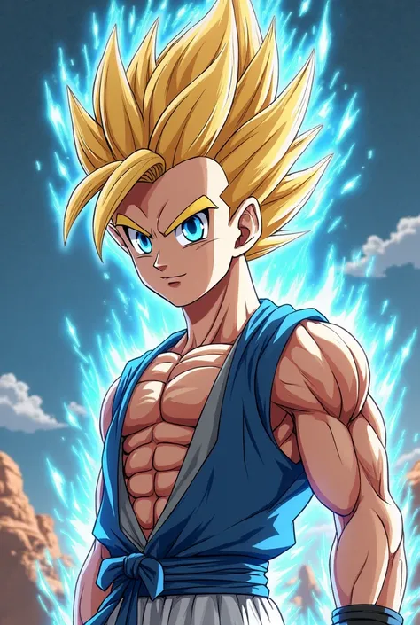 "Create an image of **Simon Minter (Miniminter)** as a **Dragon Ball** character with a tall, lean, but athletic Saiyan-like physique. His **fair skin tone** should match his real-life complexion, with a **sharp jawline, high cheekbones, and expressive blu...