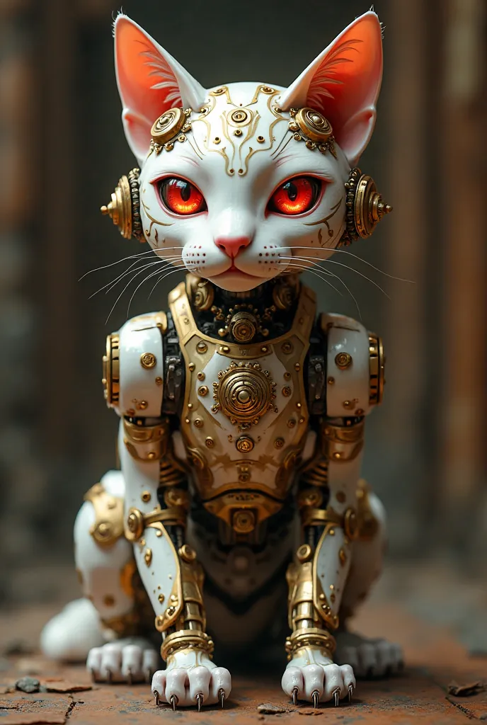 Mechanical feline robot, Siamese cat design, steampunk aesthetic, 19th-century style, intricate gears and cogs, brass and copper elements, Victorian backdrop, ornate details, vintage clockwork features, Bright glowing red eyes, detailed metalwork, sleek an...