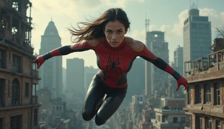 sexy spiderwoman, detailed muscular female superhero in black and red skin-tight suit, focused intense gaze, web-slinging action pose, abandoned city skyline backdrop, moody dramatic lighting, cinematic digital art, 8k, hyper-detailed, photorealistic, conc...