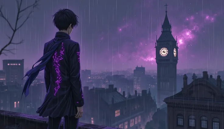 mysterious transfer student standing on rooftop of abandoned school building, glowing purple circuits on skin under fluttering uniform，gothic clock tower in foggy distance，quantum entanglement effects，deep purple nebula background，cyberpunk x dark fantasy ...