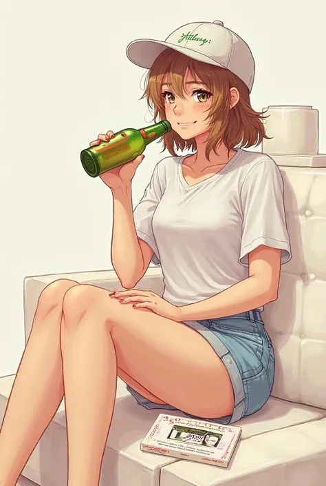 Animated woman sitting on a voucher drinking from a bottle of beer is wearing a cap and not looking at the camera 