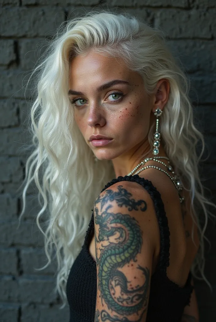 8 k,  Masterpiece , high quality, close-up, low-angle , albino, long curly white hair, white lashes and eyebrows, Serious expression, freckles,  bright green eyes , dragon tattoo On arm, grunge knit fabric, black sleeveless top , lower back, Clippings, wea...