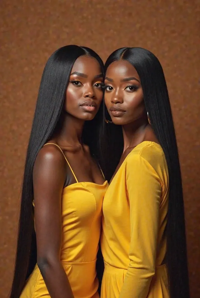 Two beautiful African American women with long, straight hair extensions, wearing intense glamorous makeup, posing together for the camera against a brown background. They are wearing yellow dressy attire, as If for a photoshoot.
The hairstyles featured wo...