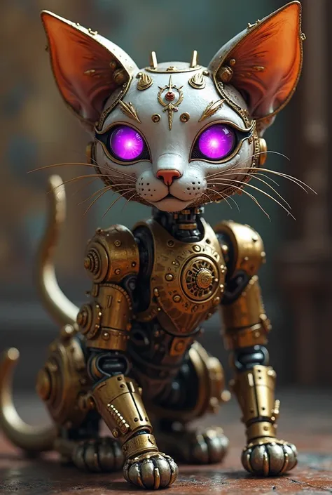 Mechanical feline robot, Texudo cat design, steampunk aesthetic, 19th-century style, intricate gears and cogs, brass and copper elements, Victorian backdrop, ornate details, vintage clockwork features, Bright glowing purple eyes, detailed metalwork, sleek ...