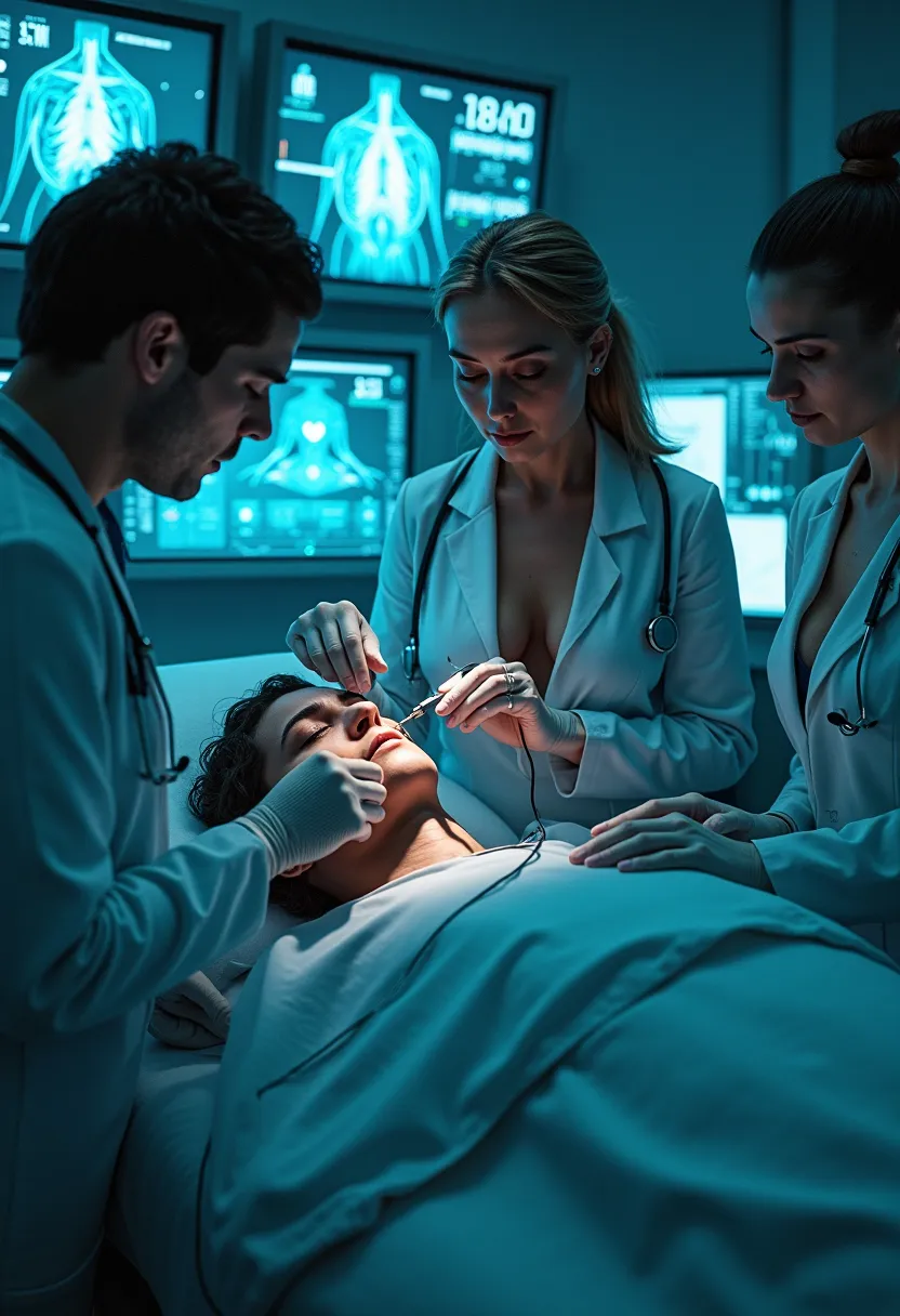 A futuristic, high-tech medical laboratory scene with a cybernetic or experimental theme. A patient lying on a table, connected to wires and medical devices. Three doctors in futuristic uniforms. The female doctor wearing a deep v-neck uniform performing a...