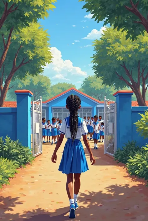 A wide view of Bright Horizon Academy, a lively nice school painted in blue and white in the peaceful town of Luwalira. The school is surrounded by tall, lush trees with broad green leaves, with ren in colorful uniforms of blue and white  playing and chatt...