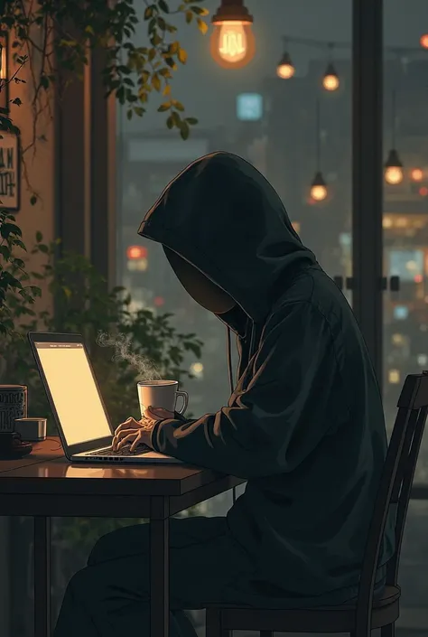 mysterious no face anime using the computer while drinking coffee