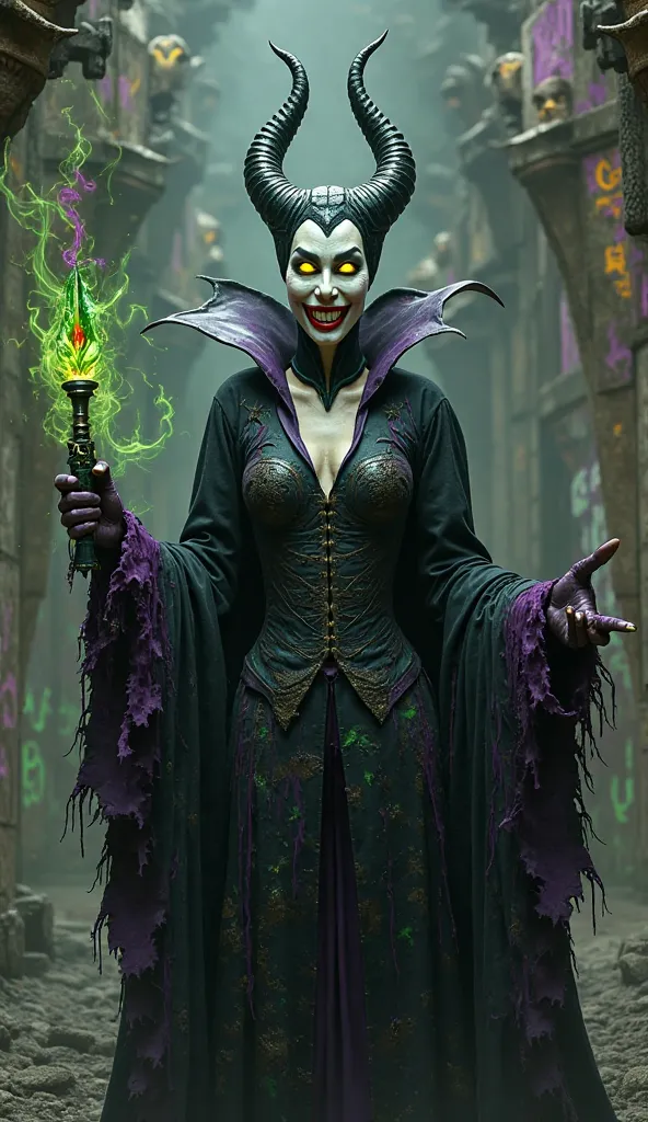 Create a semi-fusion Full-body realist between Maleficent, da Disney, and the Joker, da DC Comics. This version combines the dark elegance of Maleficent with the chaotic madness of the Joker, resulting in a visually imposing and terrifying being.

's wide ...