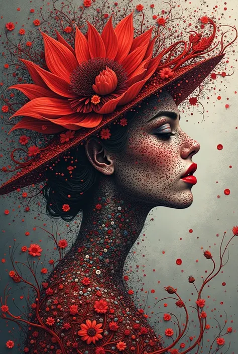 official art, unity 8k wallpaper, very detailed, beautiful and aesthetic, masterpiece, best quality, (zentangle, mandala, tangle, entangle), (fractal art:1.3) , 1 woman, Red flower, very detailed, dynamic angle, cowboy shot, The most beautiful form of chao...