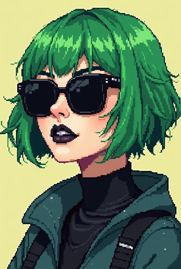 a woman with green hair and black sunglasses with a green hair, pixel art inspired by Ion Andreescu, reddit, pixel art, mod green bob wig, green hair, short green hair, short green bobcut, green shades, bright green hair, green and black hair, green mane, ...