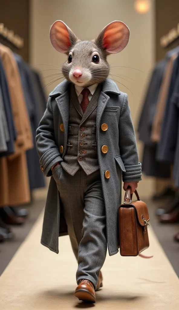 "A dapper anthropomorphic mouse walking down a high-fashion runway, dressed in an impeccably tailored, vintage-inspired wool coat in muted gray-blue plaid. The coat features large brown buttons, a structured lapel, and a matching belt for a refined look. U...