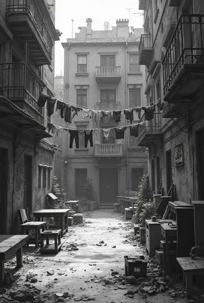 Courtyard of a tenement with old furniture in the yard and clothes hanging in old black and white 