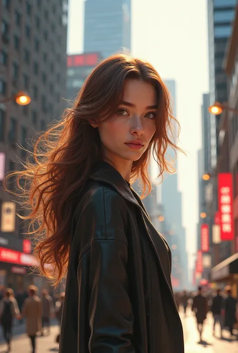 Brown-haired woman in a city, realistic 