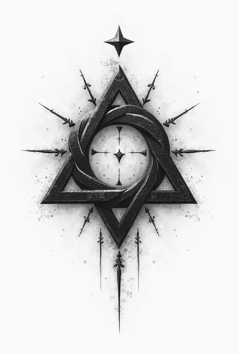 tattoo design, Symbole Valknut,  nordic, viking, Ankama graphic style, DOFUS , grey wash , noir et gris, white background.