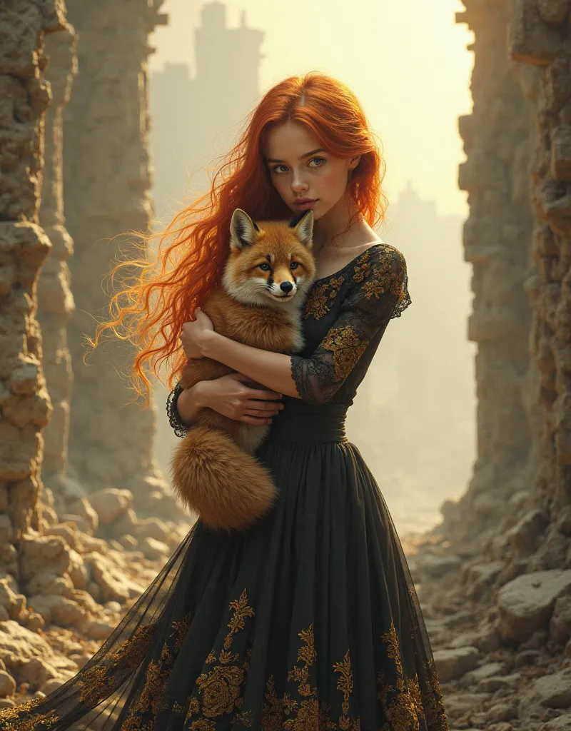 Thirteen years-old girl with long red hair, wearing a black and gold lace dress, hugging a small fox. Background of black ruins. sunlight and fog.