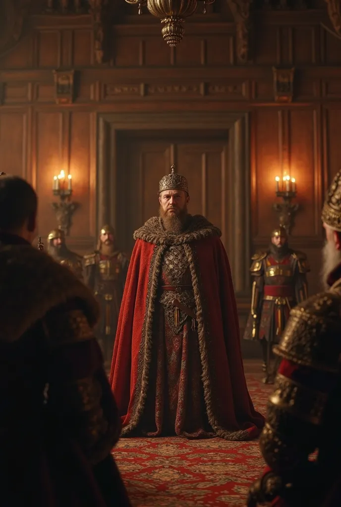 A dramatic medieval council scene. Prince Vladimir Monomakh, dressed in royal robes, discusses state affairs with Slavic nobles and warriors inside a grand wooden hall. The atmosphere is serious, with candlelight casting shadows on the carved wooden walls....