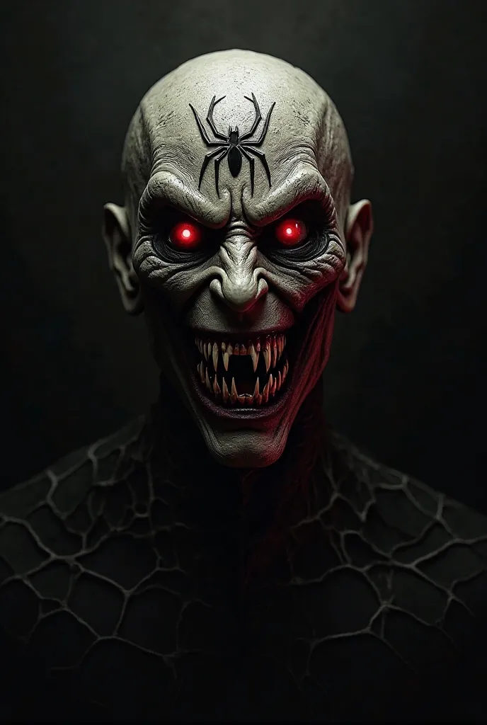 Demonic black spider-man's face with a spider logo on his forehead 