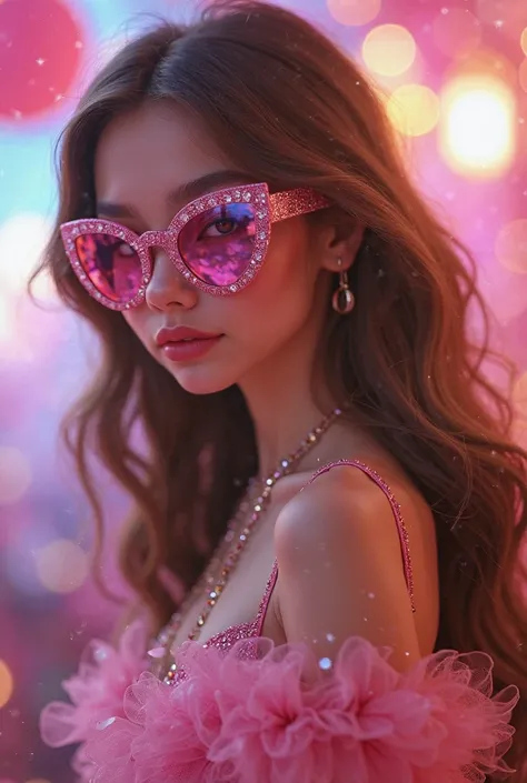 NOT REAL GIRL, light brown hair, the girl should look like a princess or bratz, with pink glitter sunglasses, glass also should be pink, and pink dress and heels, party background