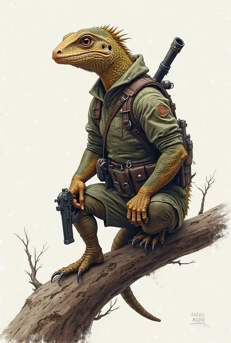 Draw Agama for me  (animal species lizard) Realistic style armed with a belt like that of the military but it has only the belt with the sheath of the small gun, Who holds the gun on his right hand, And it's shot by 3/4 on a branch horizontally  