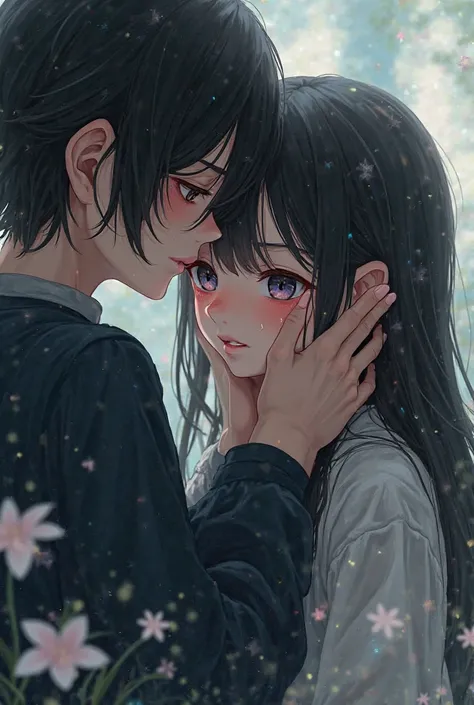 a cute tender girl with very cute clothes adorable with long hair, defenseless and motionless with tears, with eyes covered by the hands of a black-haired boy, Psychopath, obsessive but somewhat tender, He has dark clothes, the image has Licolris Radiata f...