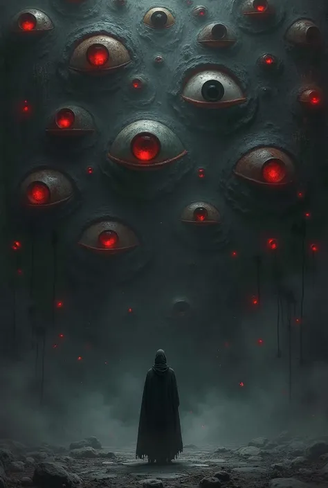 A surreal composition of countless eyes with red pupils floating in a dark void, all staring in the same direction at a small, isolated shadow man figure with a cloak —visualizing the paranoia of feeling watched or judged