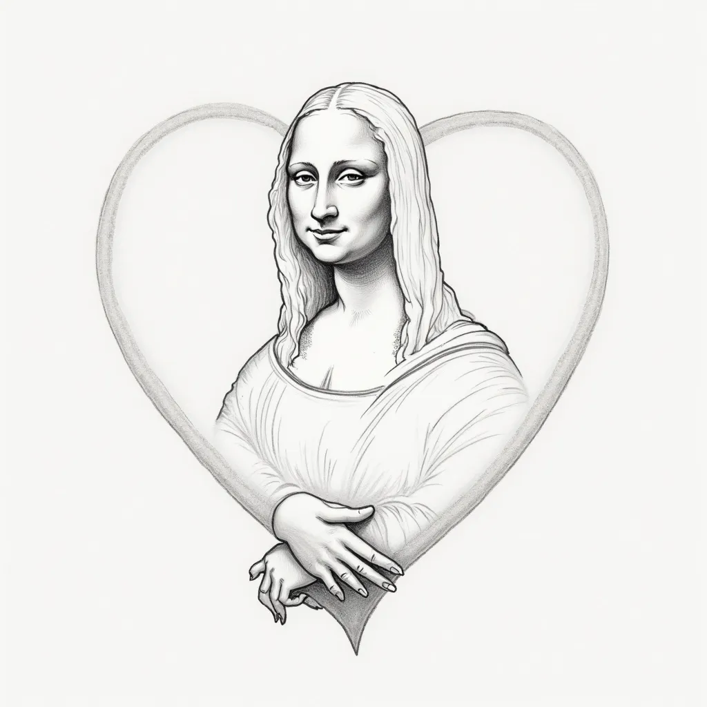 A minimalistic pencil sketch of a surreal composition. The sketch features the eyes, nose, and mouth of a woman resembling the Mona Lisa, subtly arranged within a heart shape. Her hands emerge naturally from the bottom of the heart, maintaining the famous ...