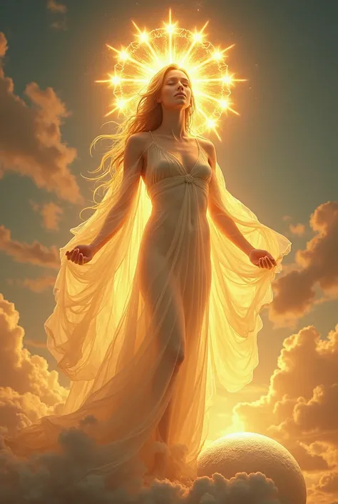 Ultra realistic creation of a heavenly woman wrapped in a mantle of radiant light, as if she were dressed by the sun itself. Her skin reflects a golden glow, and her long and flowing hair shines like sun rays. She has a serene and majestic expression, tran...