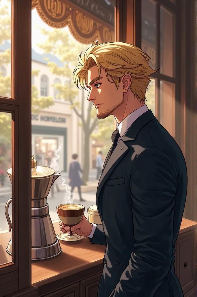 Create an anime image A man with blond hair standing looking out the coffee window, Watching coffee,the handsome man in anime,very pretty,a mobster 