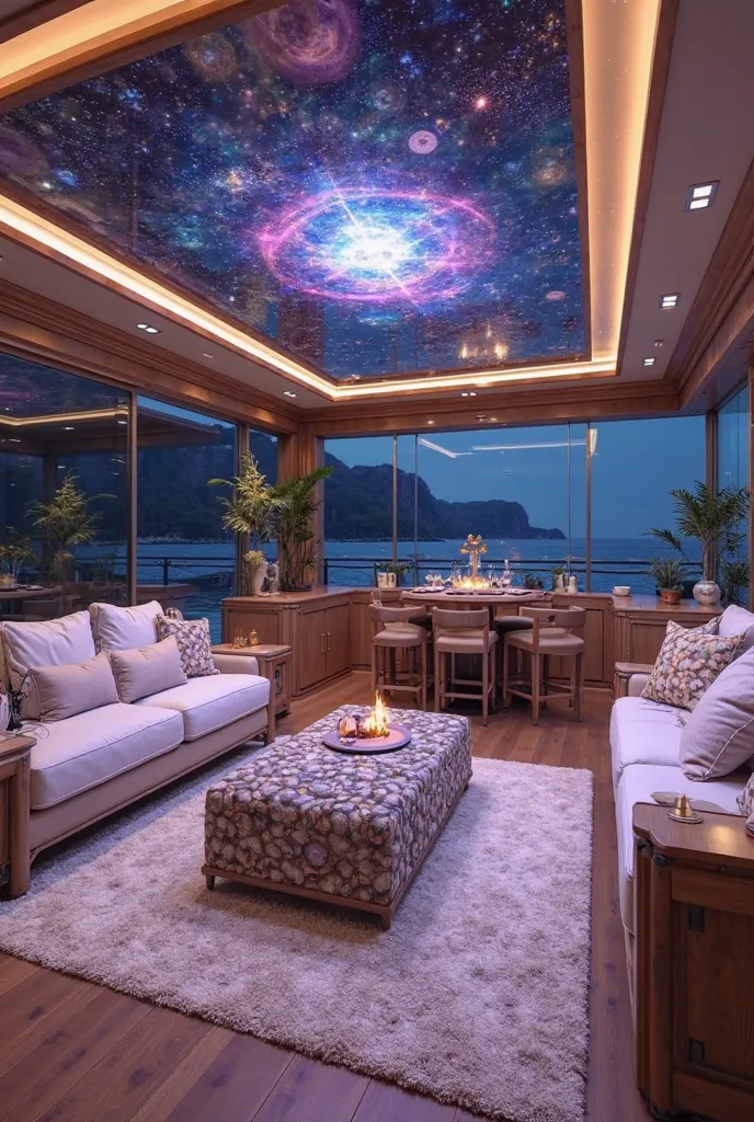 Design the interior of a yacht belonging to someone who is an astrologer by profession and is interested in natural stones. Get natural stones in it and make astrological designs. Use lots of colorful light. seats in light shades. Get a space themed design...