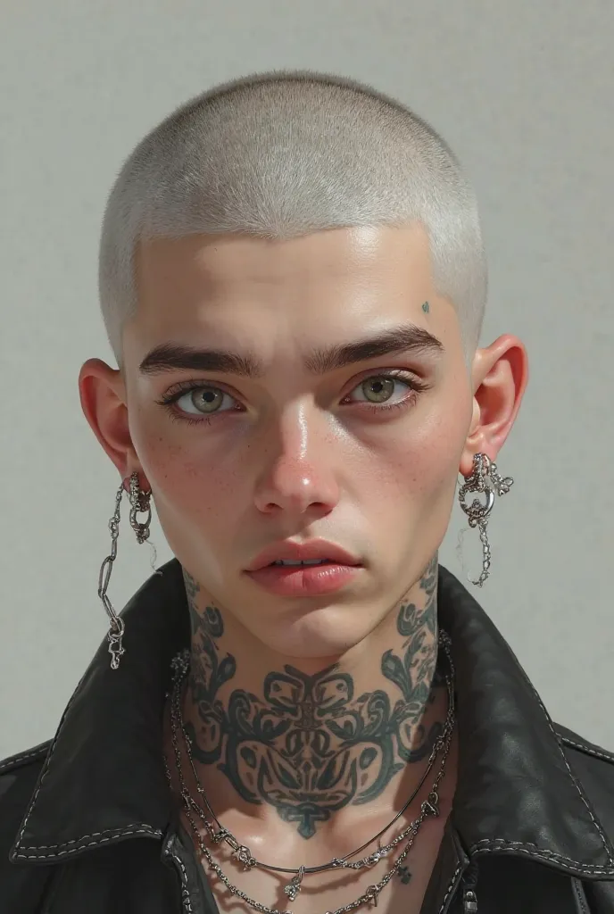 Realistic image 25 year old boy. Shaved tinted white, But with the black roots. light eyes. piercings and tattoos, modern style