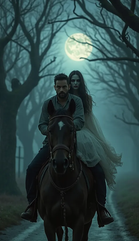 A frightened man riding his horse at night, looking over his shoulder at a ghostly woman in a flowing white dress sitting behind him. The woman has long, disheveled hair and an eerie, pale face. The background is a dark, foggy road with twisted trees. The ...