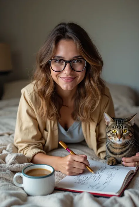 Gaucho woman, born in Porto Alegre, Rio Grande do Sul, Brazil,with 25 years studying, comfortably, your bed, but without cold or winter items,With glasses and clothes from the spring summer season,   colored pens  , smart phone , In a happy and smiling way...