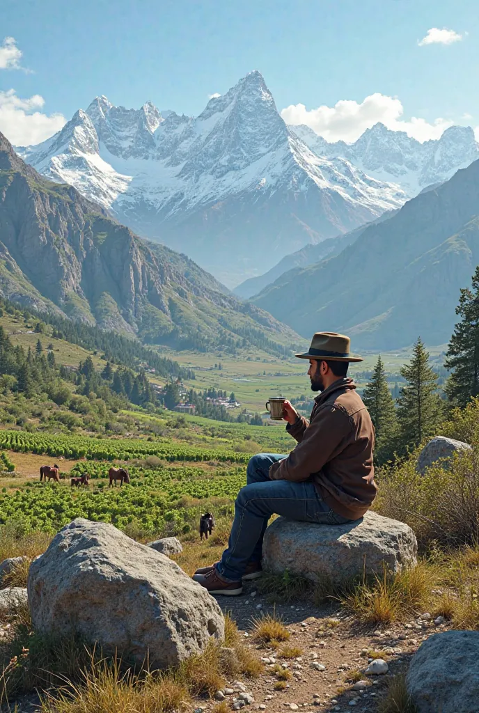 Real image with realistic details of landscapes that attract tourism in Mendoza with mountains, horses, vineyards and a person sitting on a rock drinking mate