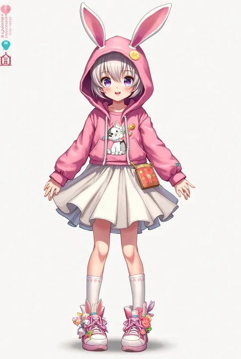 Make a short-haired one with a pink bunny hoodie, colorful kitten outfit and white skirt.