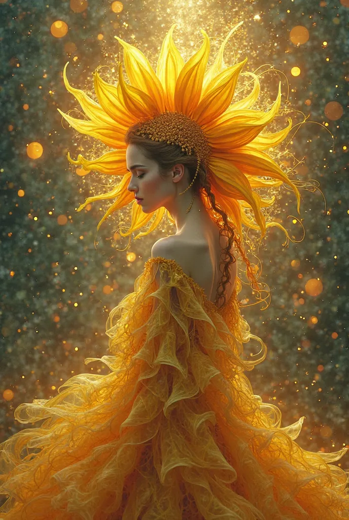 A woman trapped in a surreal-realistic illusion, wearing a flowing gown that transforms into radiant sunflower petals. The fabric shimmers with a murrini effect, intricate and vibrant like living stained glass. Her face exudes a mystical serenity, while th...