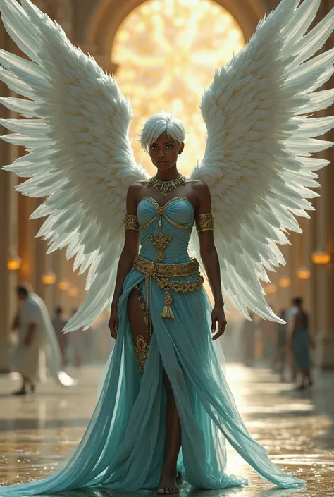  Masterpiece , top quality ,full body photo ,Several angels, with dark skin, Huge wings full of feathers , green eyes, blue armor, scenario from the fantasy Celestial City , Short white hair, In the background you are standing in a golden heavenly palace c...